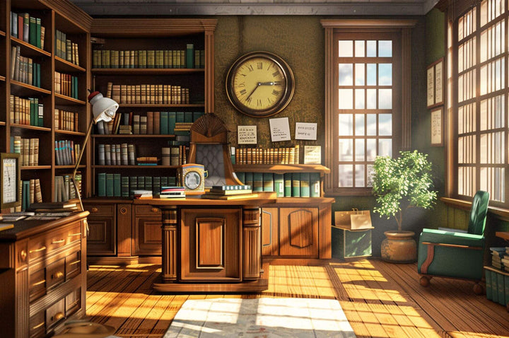 Cozy study with bookshelves, desk, and windows for jigsaw puzzle enthusiasts.