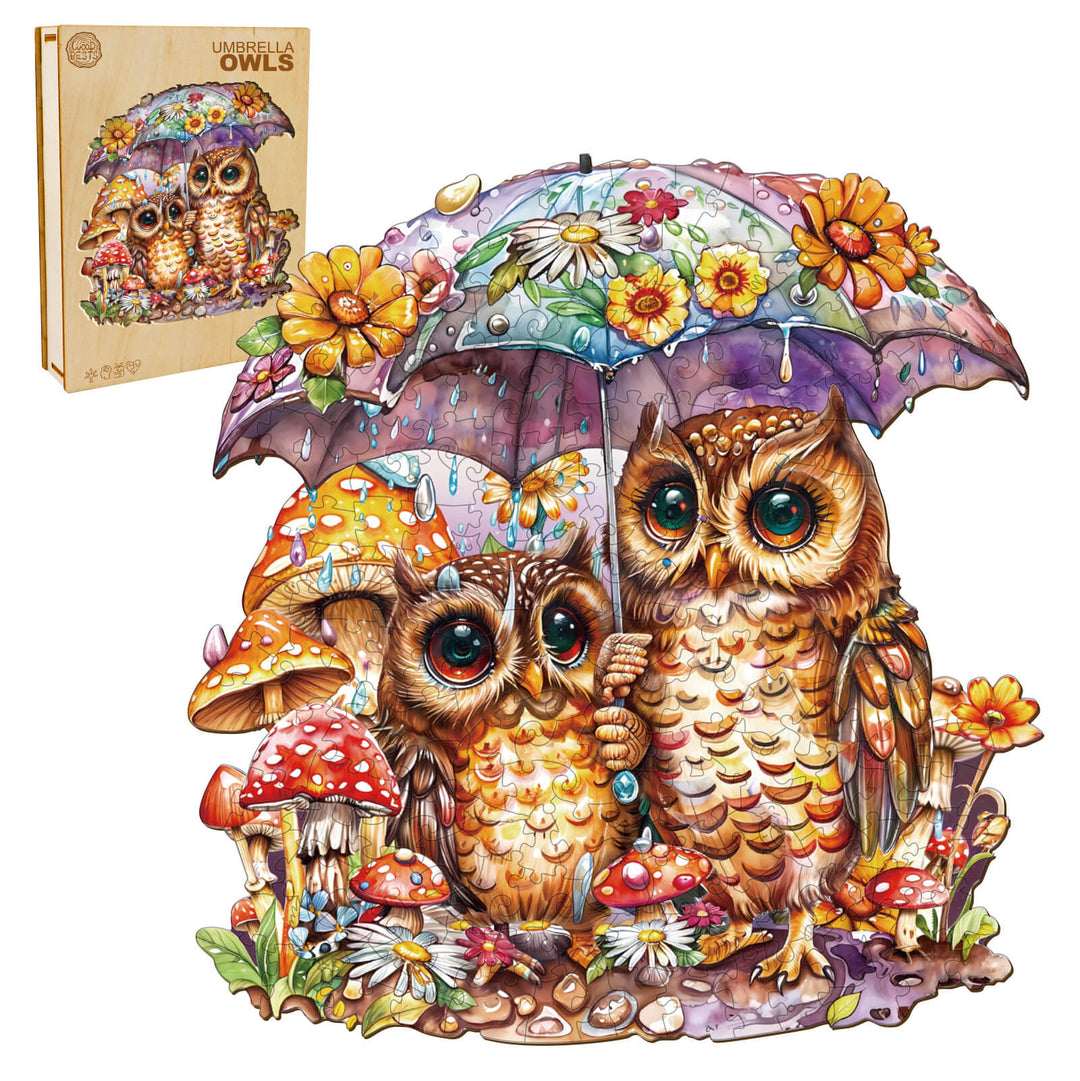 Colorful Umbrella Owls wooden jigsaw puzzle featuring two owls under a vibrant umbrella, perfect for puzzle lovers.