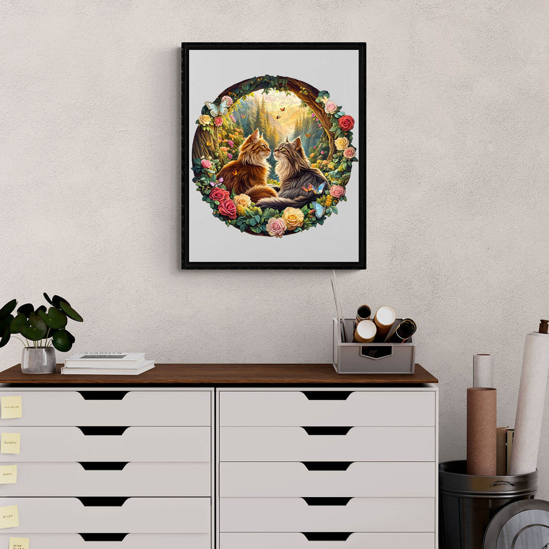 Framed artwork depicting two cats in a romantic embrace surrounded by flowers and a forest backdrop.