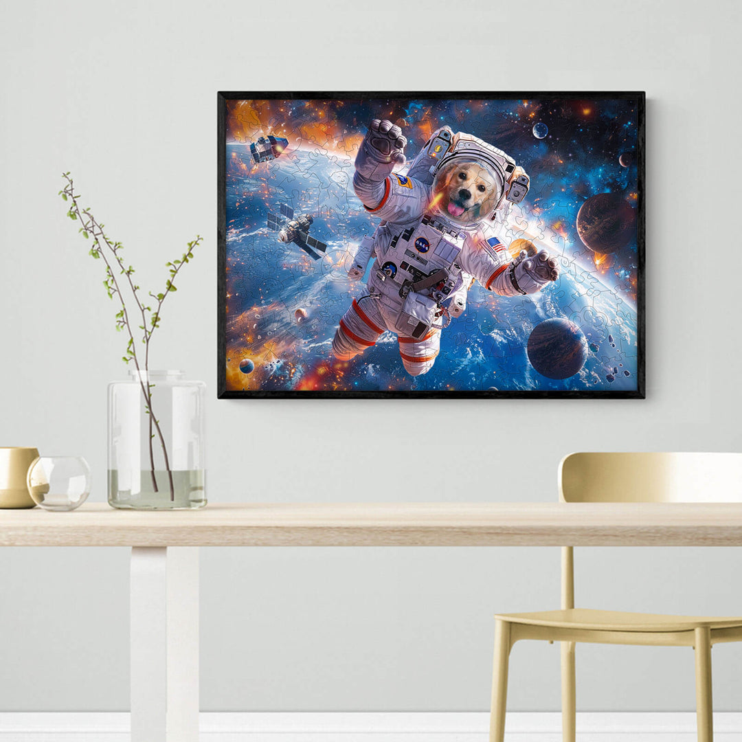 Adorable dog in astronaut suit floating in space, surrounded by planets and stars, perfect for space lovers.