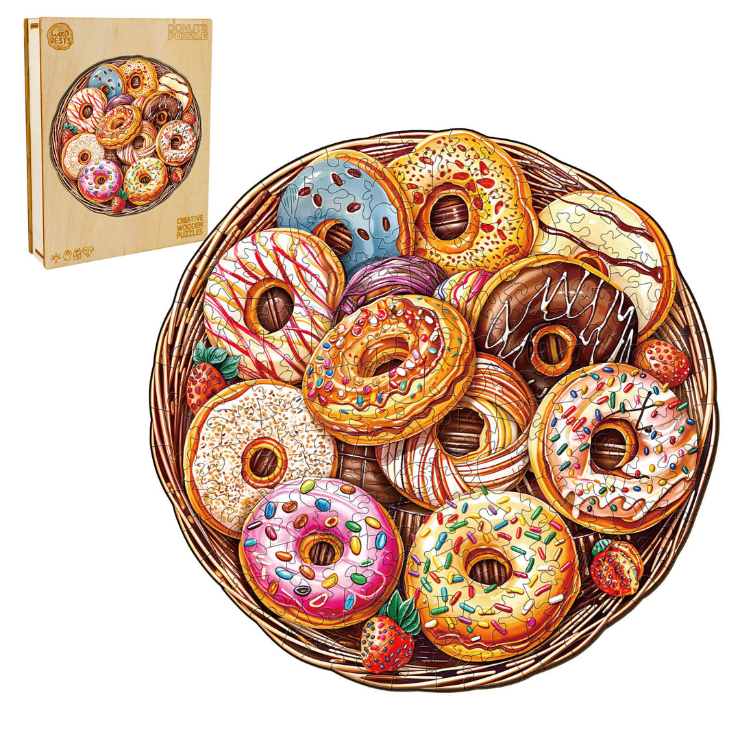 Wooden jigsaw puzzle featuring colorful donuts in a basket, promoting focus and cognitive skills through puzzle solving.