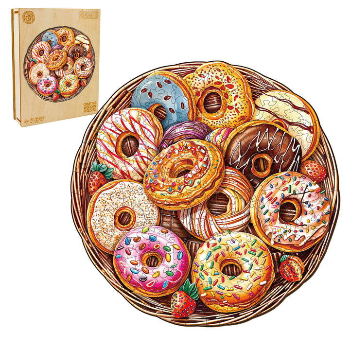 Wooden jigsaw puzzle featuring colorful donuts in a basket, promoting focus and cognitive skills through puzzle solving.