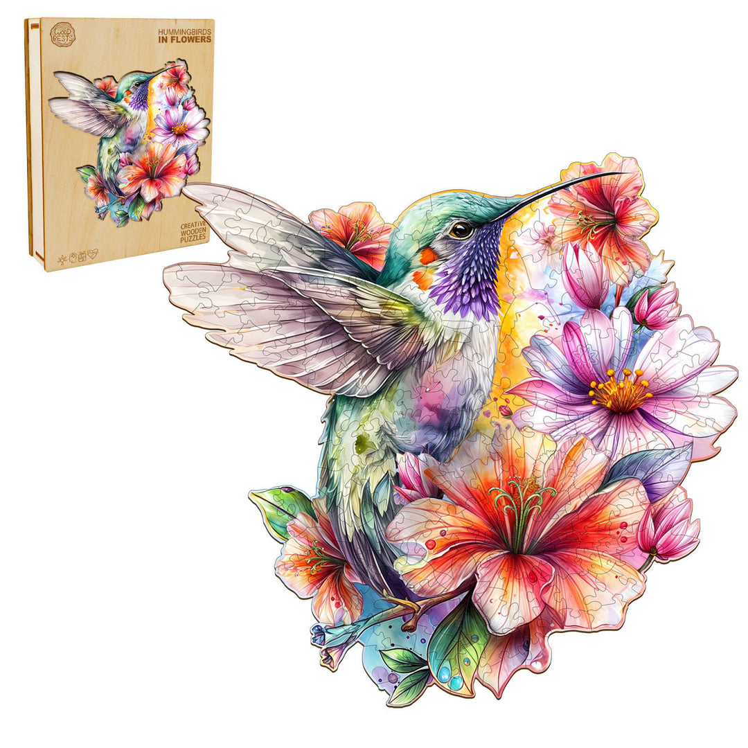 Hummingbirds in Flowers wooden jigsaw puzzle featuring a colorful hummingbird surrounded by vibrant flowers.