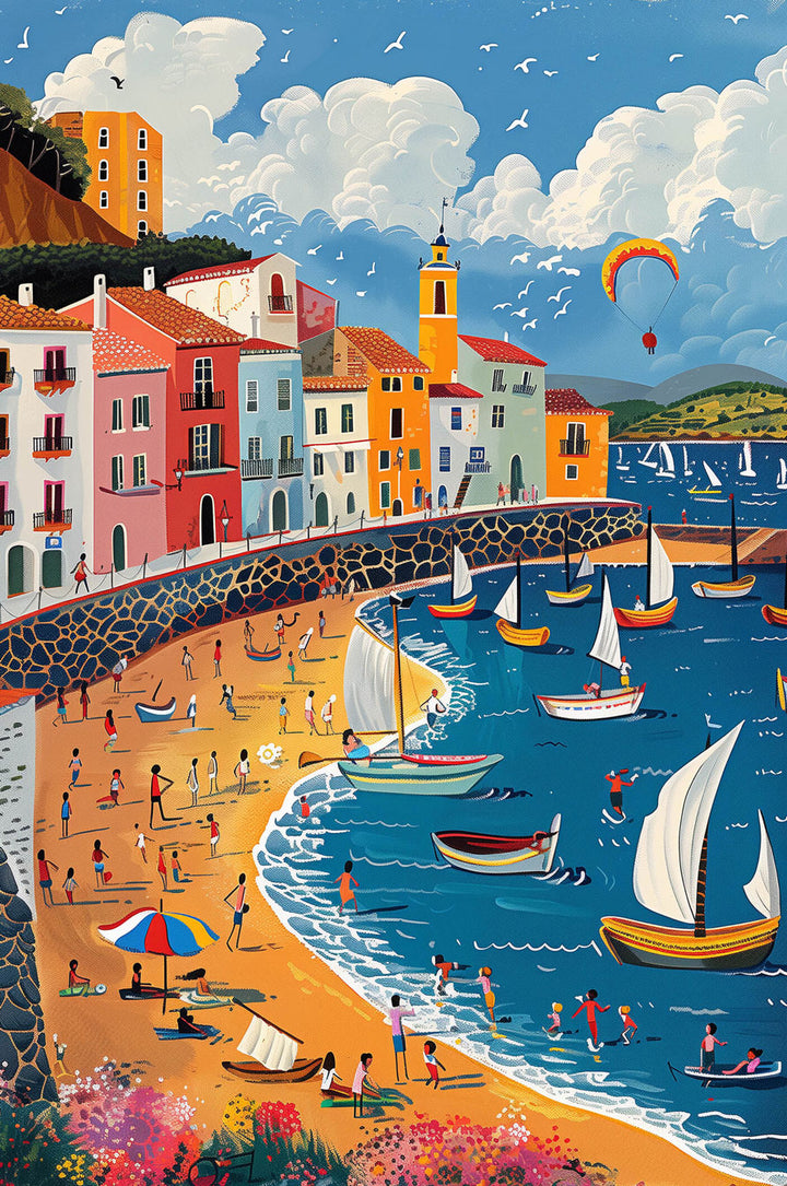 Colorful illustration of a beach scene with boats, playful people, and vibrant houses by the water.