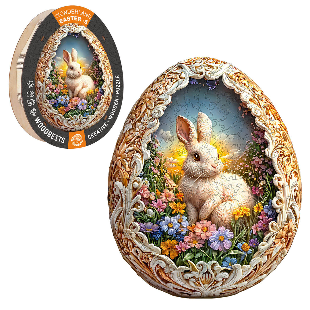 Wonderland Easter-5 wooden jigsaw puzzle featuring a rabbit and colorful flowers, perfect for brain-boosting fun.