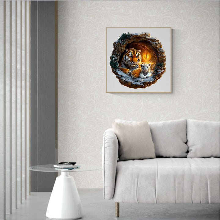 3D Tiger Family-2 wooden jigsaw puzzle on a living room wall, promoting focus and smart gameplay.