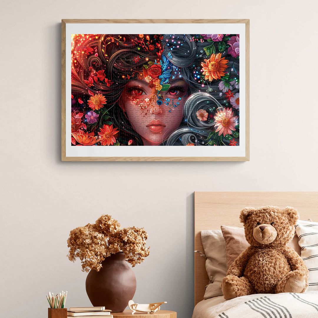 Colorful Yin Yang Girl art print with floral patterns and vibrant colors, enhancing home decor and puzzle-solving inspiration.