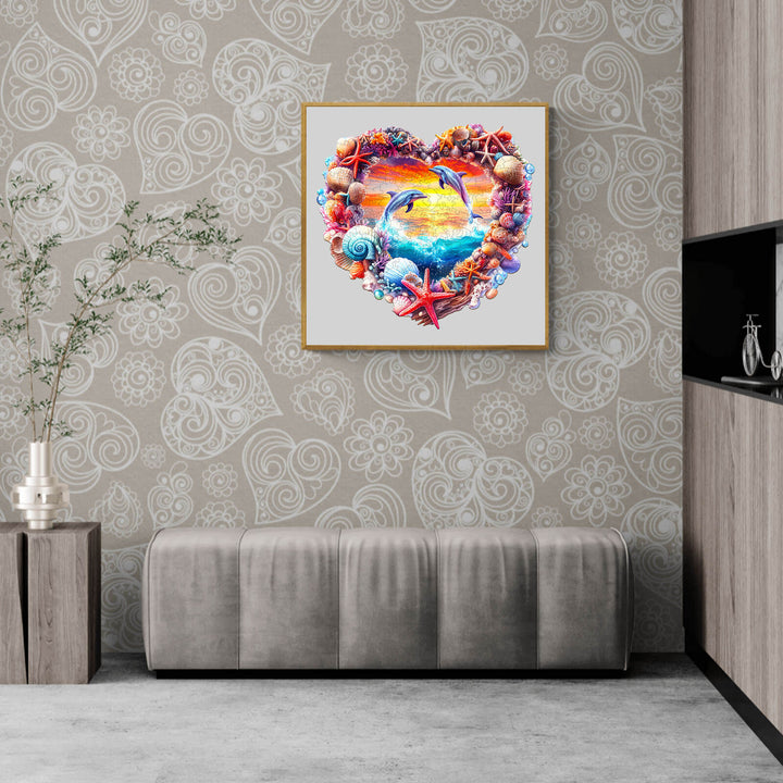 Colorful heart-shaped coral and dolphin artwork displayed on a stylish wall, perfect for beach-themed decor.