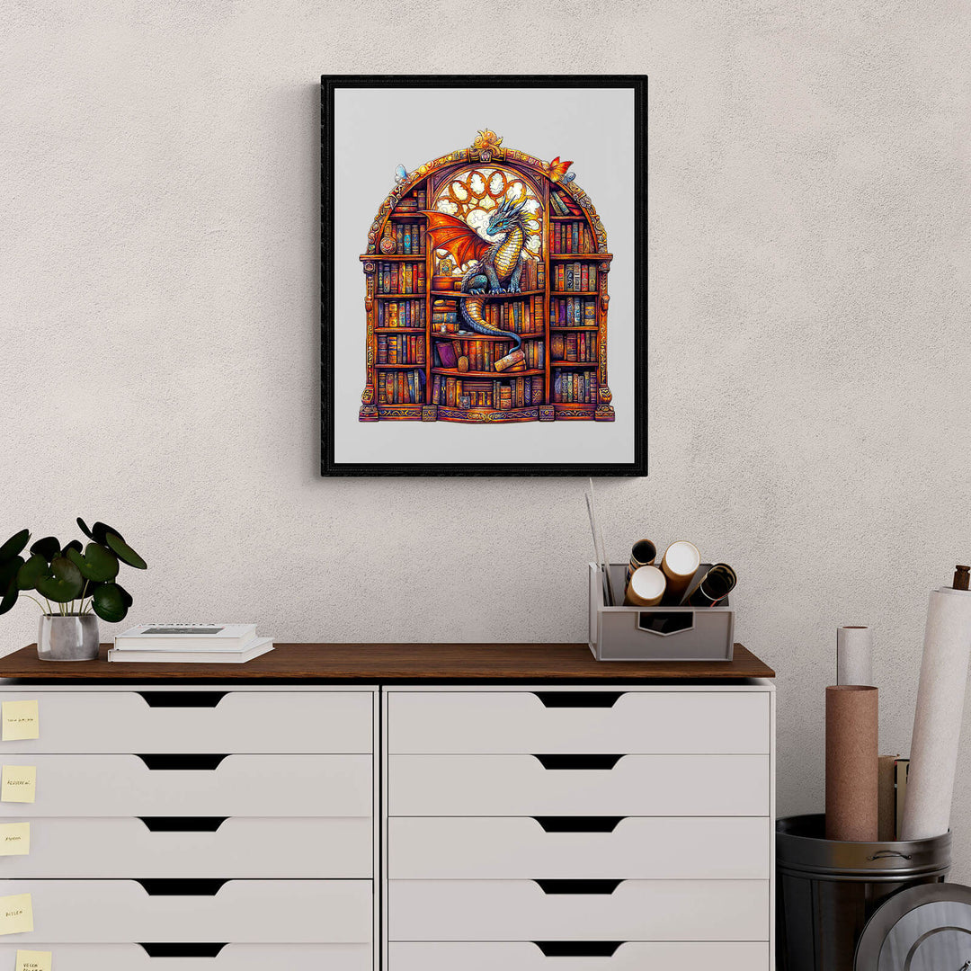 Colorful dragon in a library framed art print hung on a wall above a stylish storage unit.