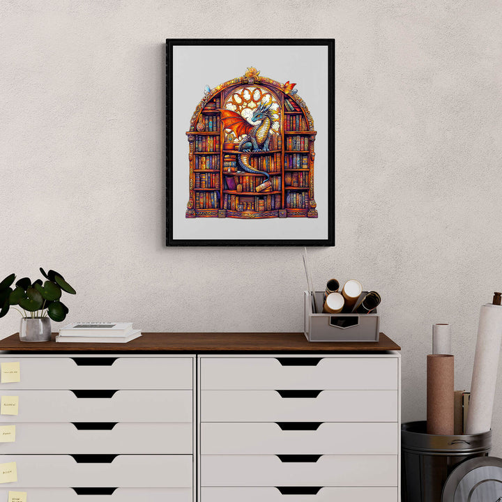 Colorful dragon in a library framed art print hung on a wall above a stylish storage unit.