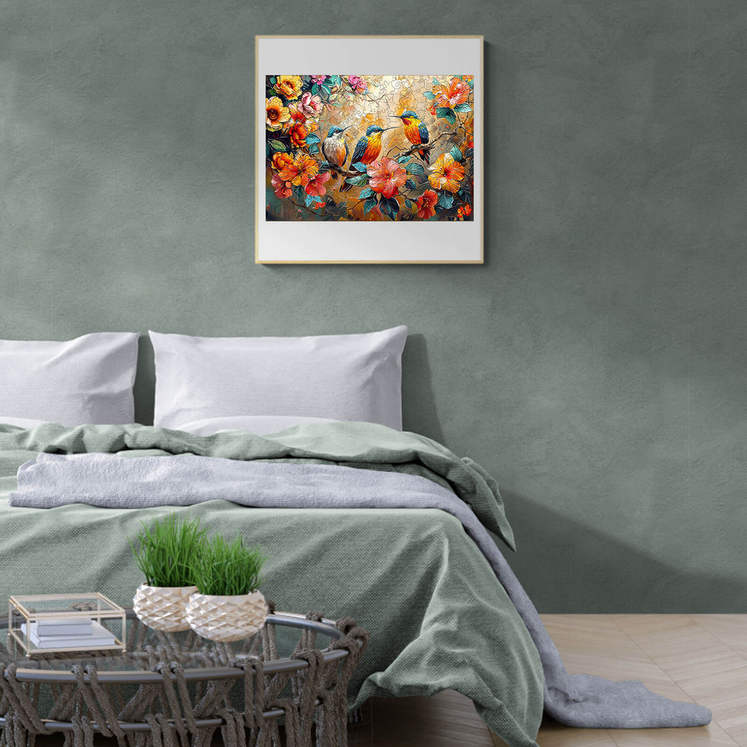 Hummingbird Garden wooden jigsaw puzzle displayed in a serene bedroom with a cozy, stylish decor.