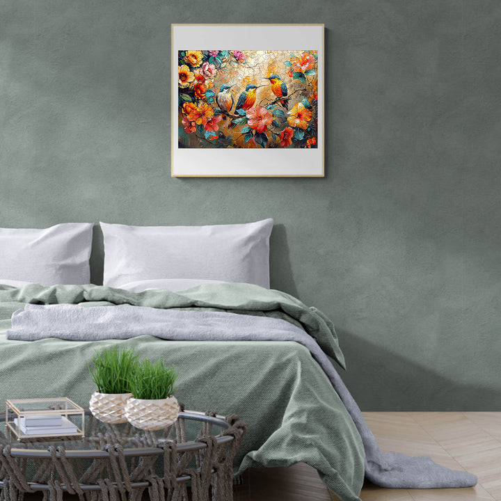 Hummingbird Garden wooden jigsaw puzzle displayed in a serene bedroom with a cozy, stylish decor.