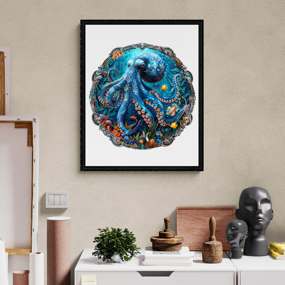 Vibrant Mystic Tentacles octopus artwork displayed in a modern interior setting, perfect for puzzle lovers.