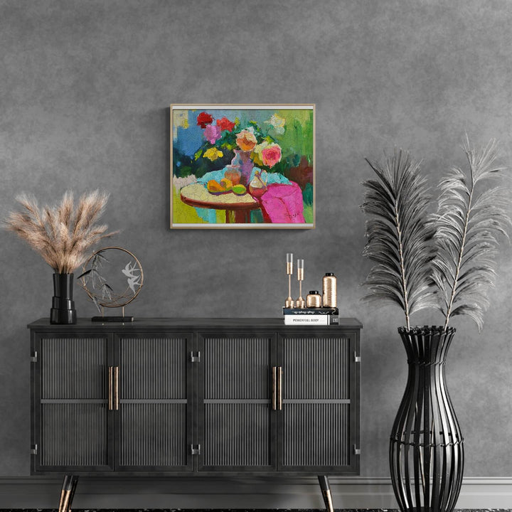 Colorful painting titled 'Magic Flowers' by Alexander Shandor, displayed above a stylish sideboard in a modern interior.