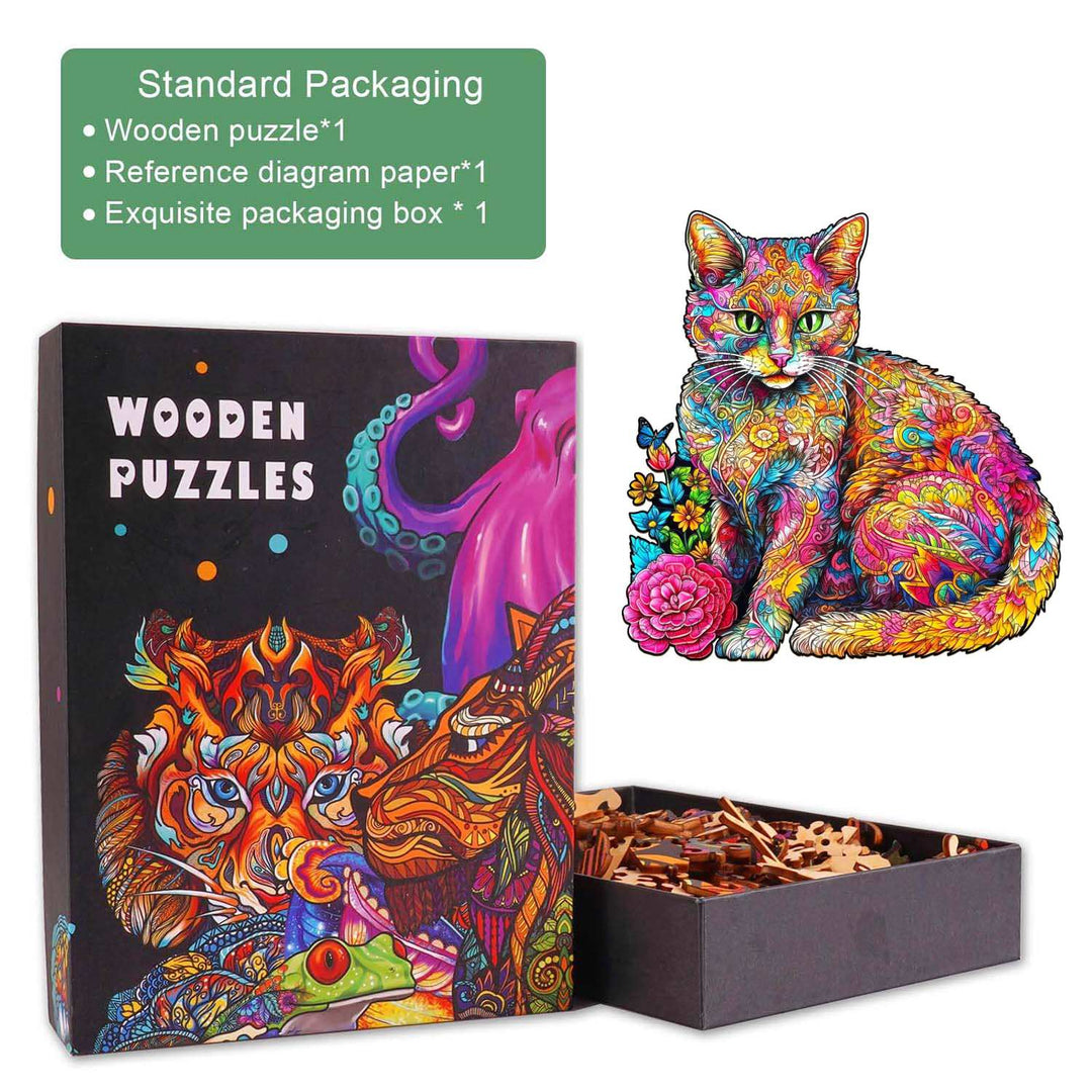 Colorful Naughty Cat wooden jigsaw puzzle in premium gift box with unique pieces for all ages.