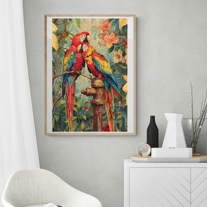 Colorful Snuggling Parrot puzzle artwork featuring two vibrant parrots perched amongst lush foliage.