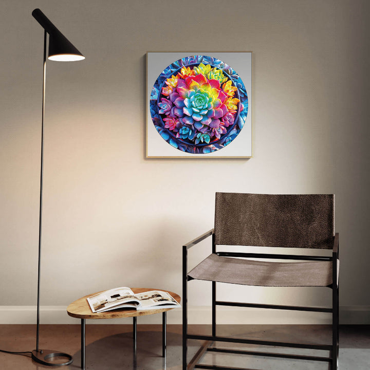 Colorful 3D succulent plants art displayed above a modern chair in a stylish living room.