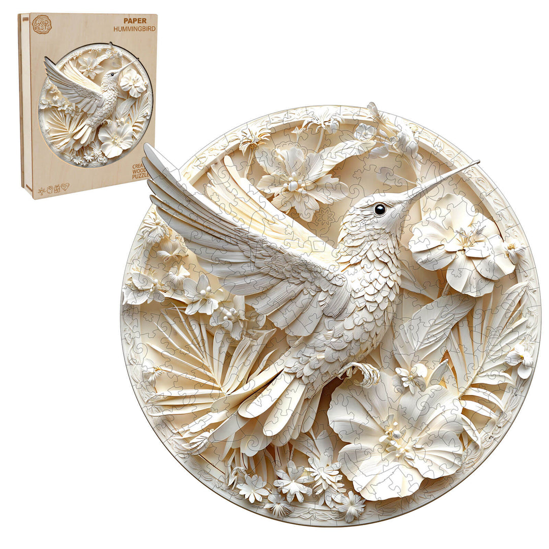 3D Paper Hummingbird-2 wooden jigsaw puzzle showcasing intricate details of flowers and hummingbird, ideal for puzzle lovers.