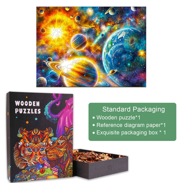 Cosmic Reverie-1 wooden jigsaw puzzle with vibrant space design and packaging details, promoting focus and mind development.