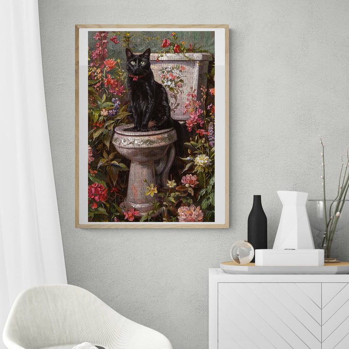 Elegant black cat surrounded by vibrant flowers, perfect for jigsaw puzzle lovers and art enthusiasts.