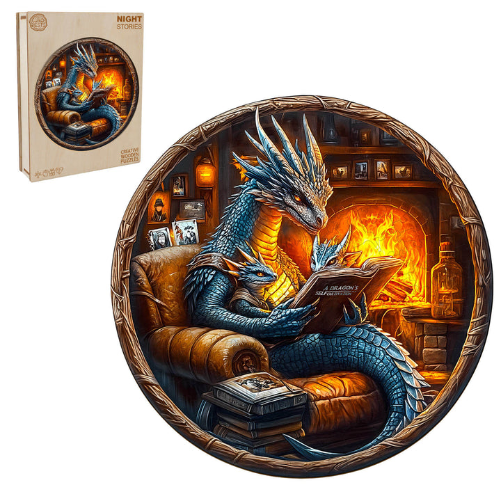 Night Stories wooden jigsaw puzzle featuring a dragon family reading by a cozy fireplace, enhancing focus and mental agility.