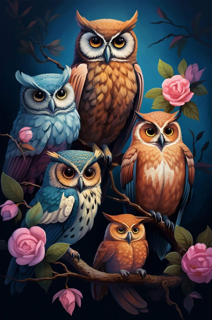 Colorful collection of five detailed owls perched on a branch with roses, ideal for the Owls 500/1000 piece puzzle.