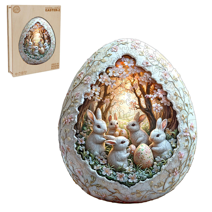 3D Eggshell world Easter-2 Wooden Jigsaw Puzzle featuring cute bunnies in a vibrant, floral scene for mind games.