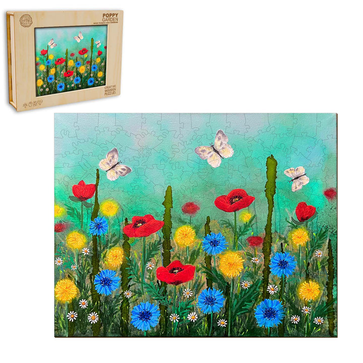 Poppy Garden puzzle by artist Nicholas John VARDAXIS featuring vibrant flowers and butterflies on a textured background.