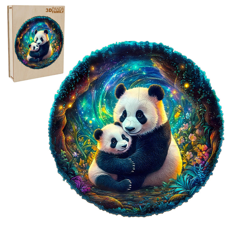 3D panda family wooden jigsaw puzzle featuring a mother and baby panda in a colorful, magical forest setting.
