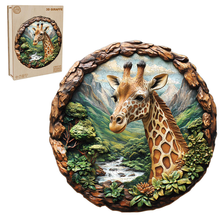 3D Giraffe wooden jigsaw puzzle showcasing a realistic giraffe design amidst a natural landscape.