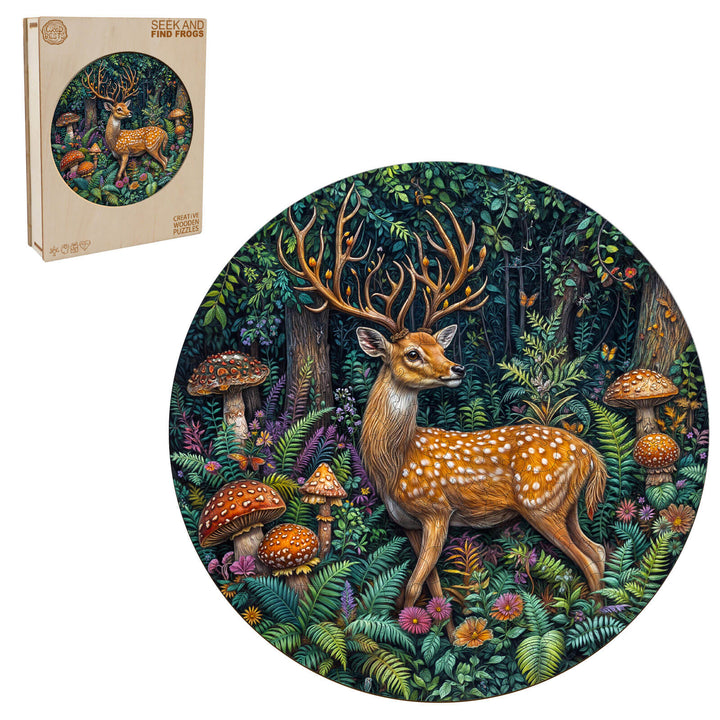 SEEK AND FIND FROGS wooden jigsaw puzzle featuring a spotted deer in a colorful forest setting with mushrooms.