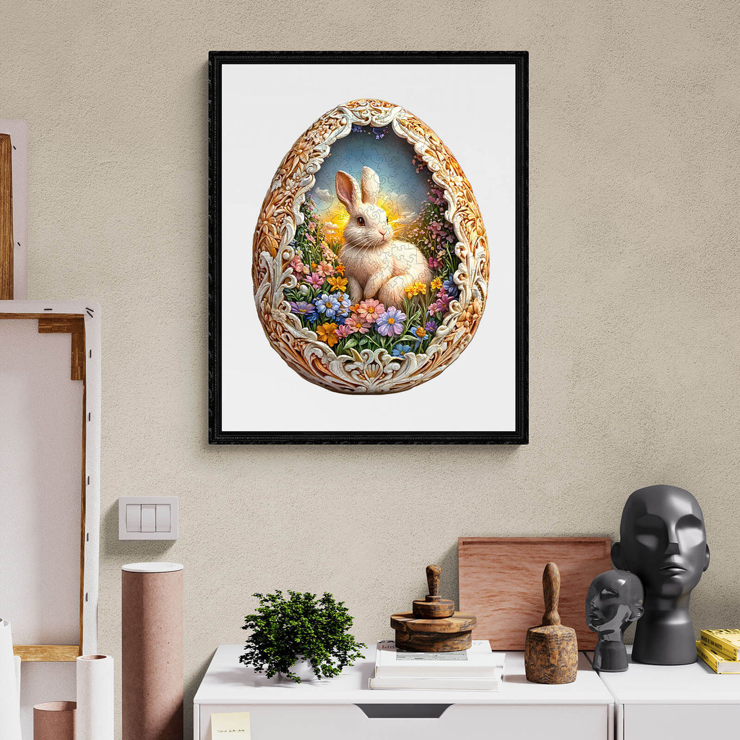 Colorful Easter decoration featuring a bunny inside a beautifully ornate egg surrounded by flowers.