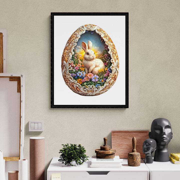 Colorful Easter decoration featuring a bunny inside a beautifully ornate egg surrounded by flowers.