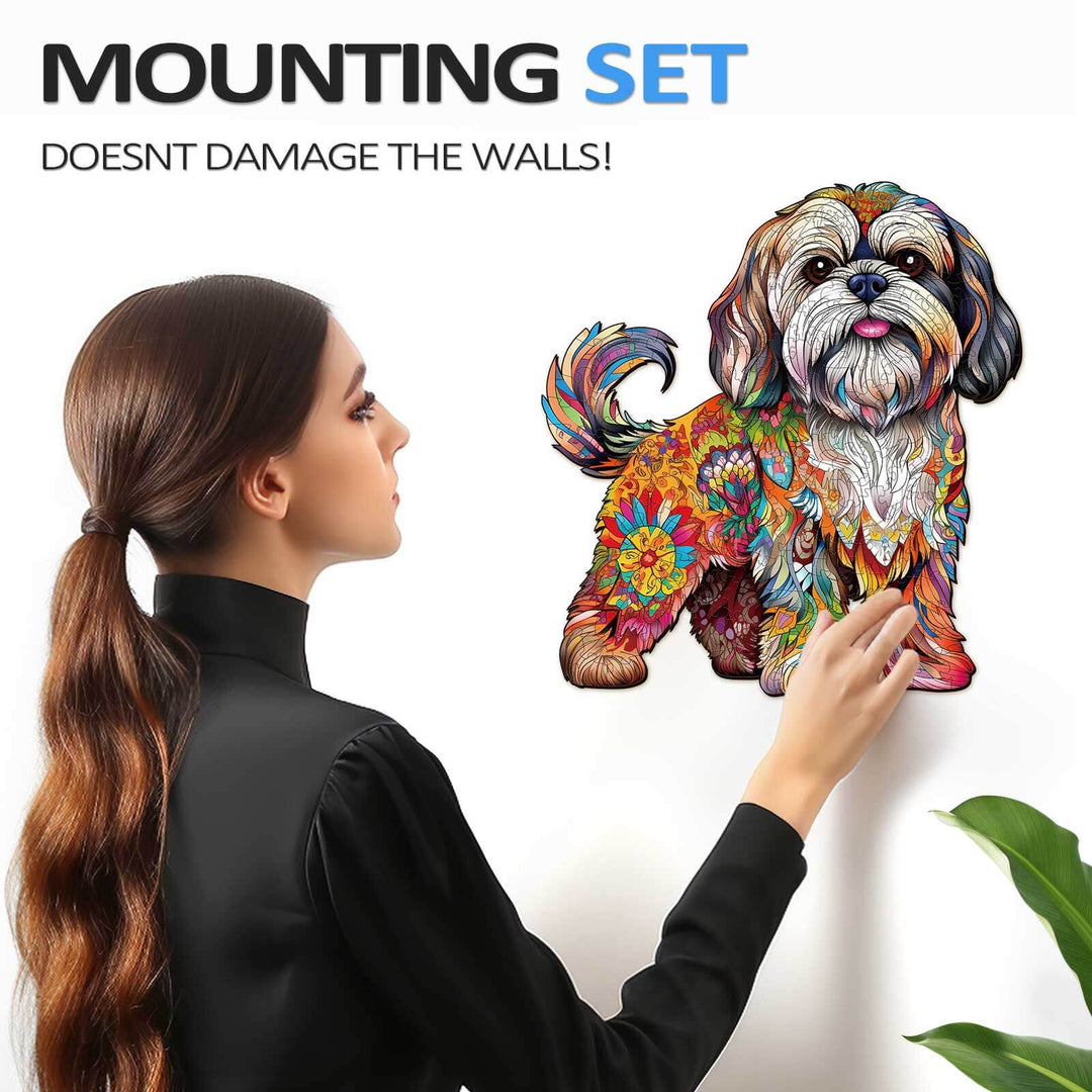 Person observing colorful Shih Tzu wall art with innovative mounting set that doesn't damage walls.