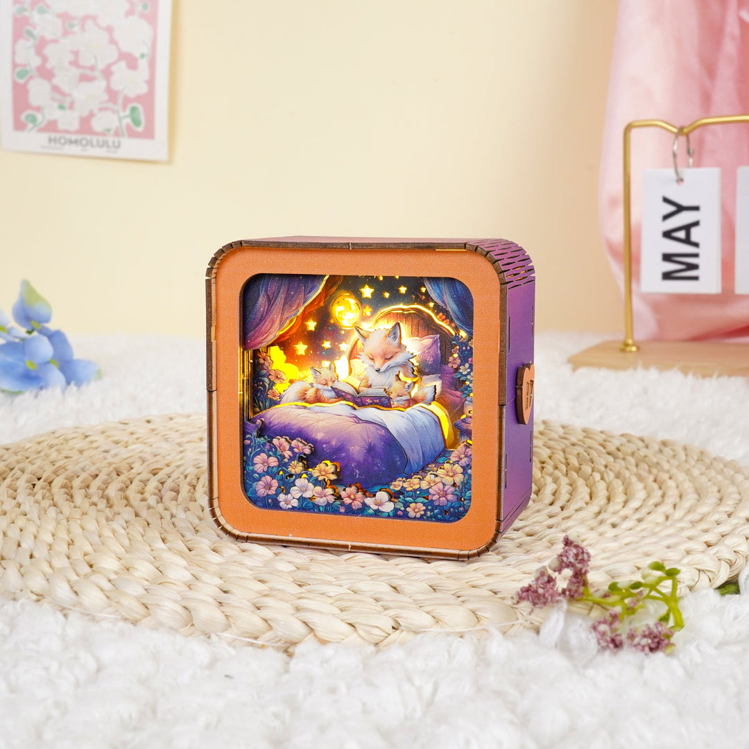 3D wooden puzzle night light from Bedtime Stories Kit illuminating a cozy bedtime scene.