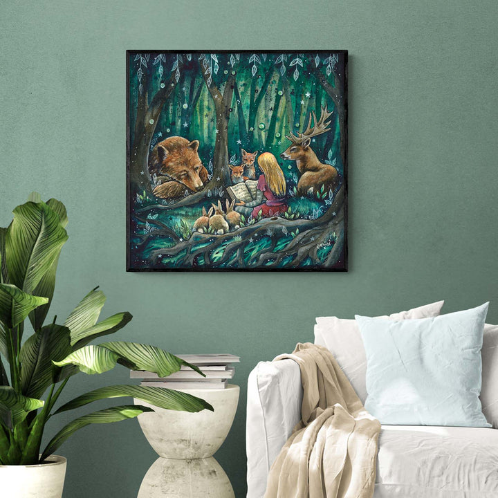 The Storyteller by Kathryn Fedora, whimsical forest scene with animals gathered around a storyteller.