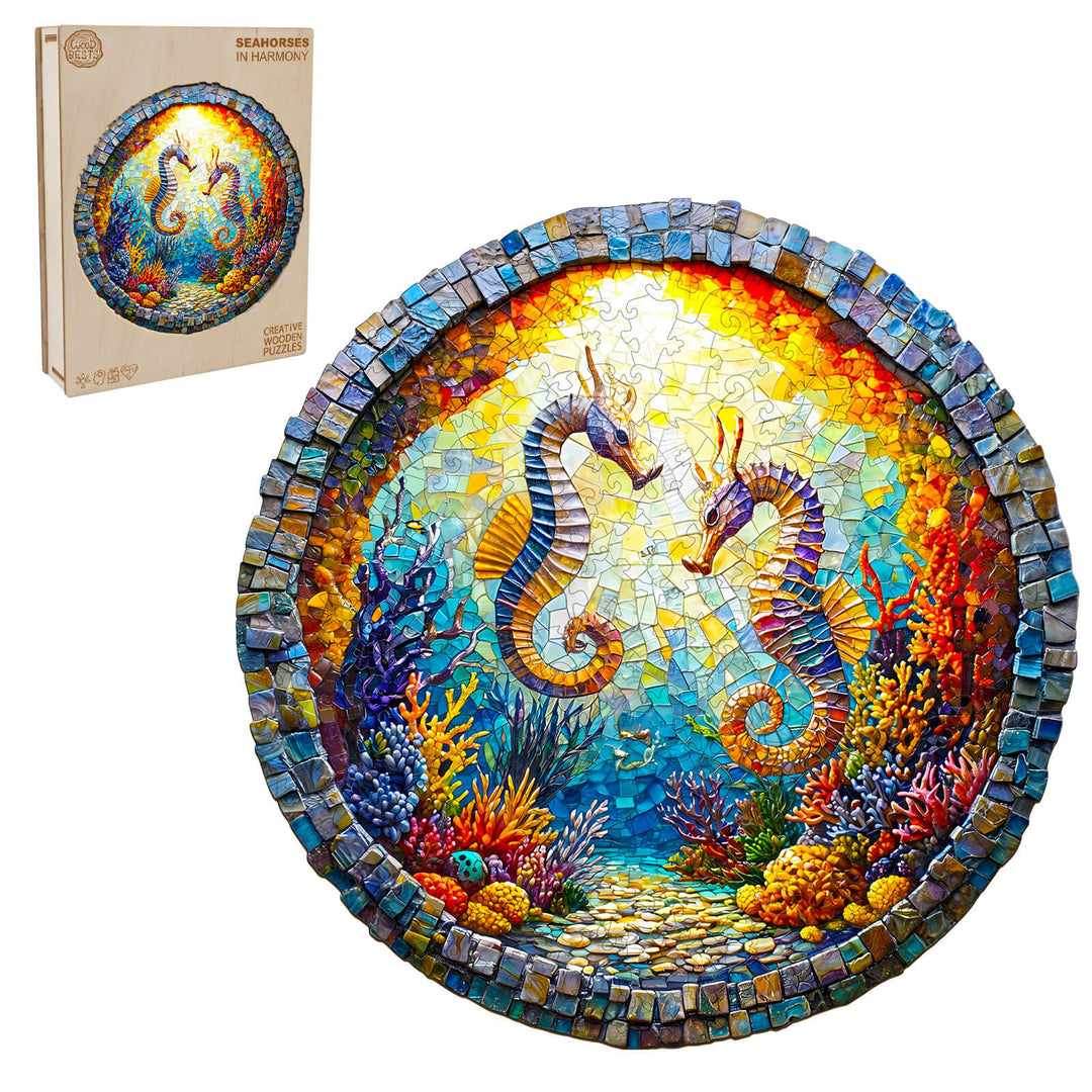 3D Seahorses in Harmony wooden jigsaw puzzle showcasing vibrant undersea colors and intricate design for mind games.