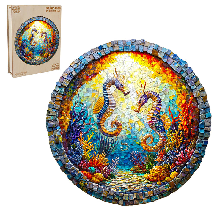 3D Seahorses in Harmony wooden jigsaw puzzle showcasing vibrant undersea colors and intricate design for mind games.