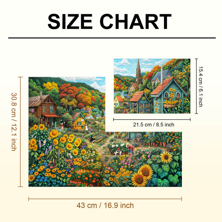 Size chart for Party Puzzle-Sunny Fields showing dimensions of puzzle pieces and design details.