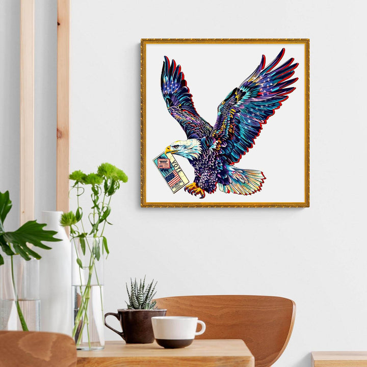 Colorful Bald Eagle holding a vote ballot, inspiring focus and intelligence through jigsaw puzzles.