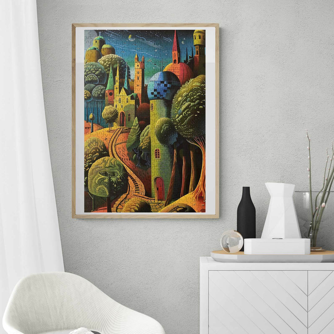 Colorful framed art print of a whimsical cityscape with vibrant trees and buildings on a textured wall.