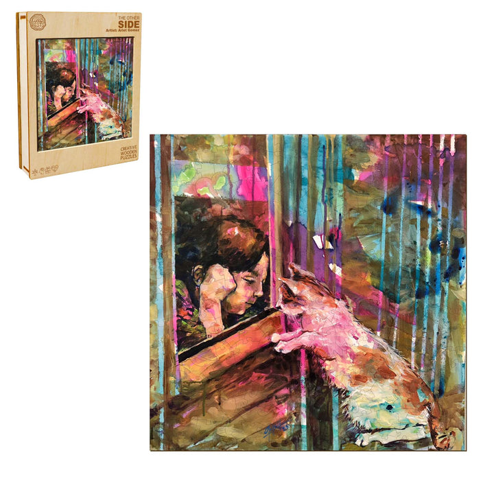 The Other Side artwork by Arlet Gomez featuring a girl and a cat interacting through a window with vibrant colors.