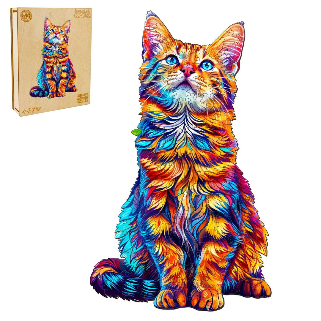 Colorful Bengal cat wooden jigsaw puzzle, designed for engaging mind games and enhancing focus.