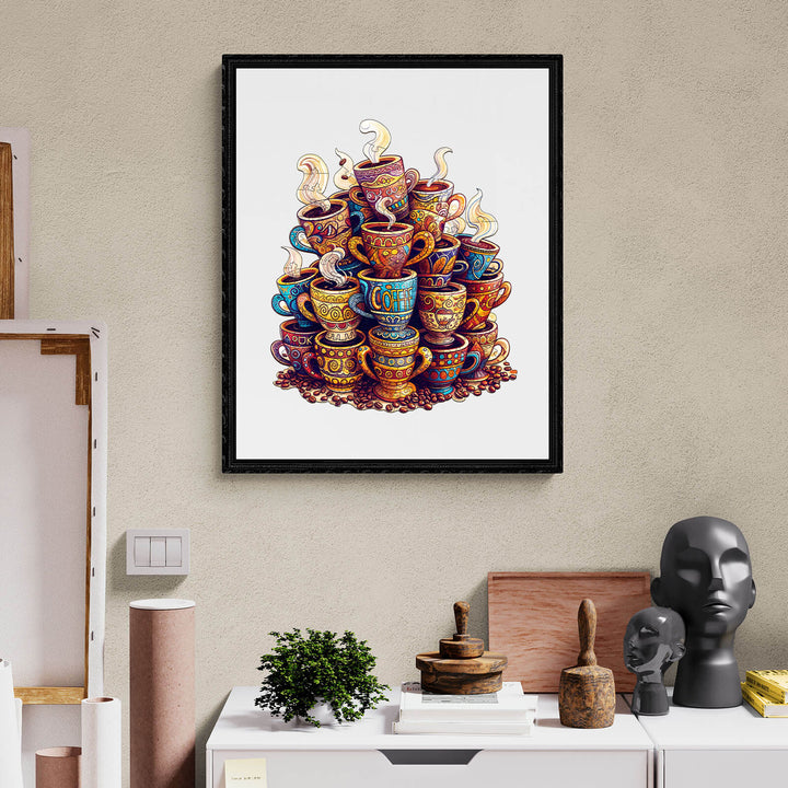 Colorful stack of artistic coffee cups in a modern home setting, ideal for coffee lovers and puzzle enthusiasts.