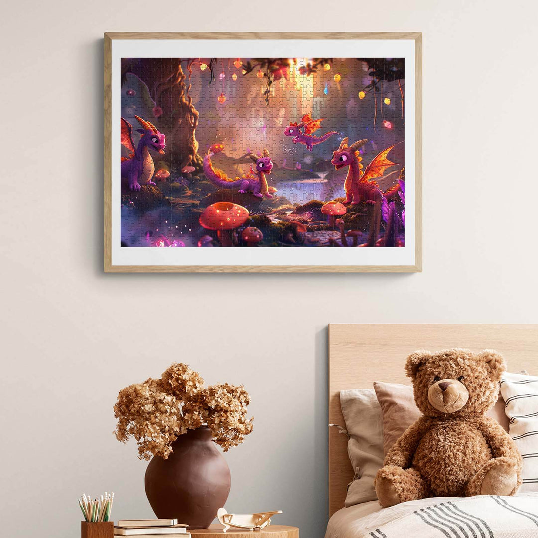 Colorful 'Dragon Paradise' puzzle art featuring dragons in a magical forest, enhancing your home décor.