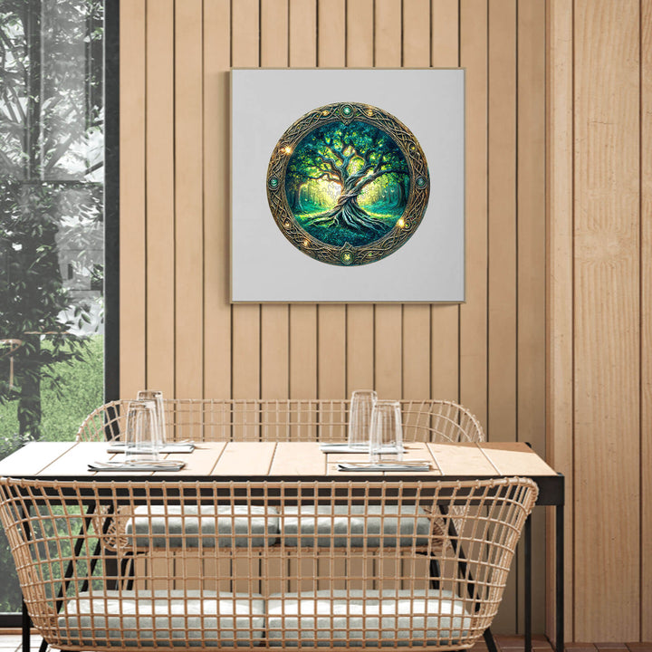 Eternal Tree wooden jigsaw puzzle artwork displayed in a modern dining space with natural wood accents.