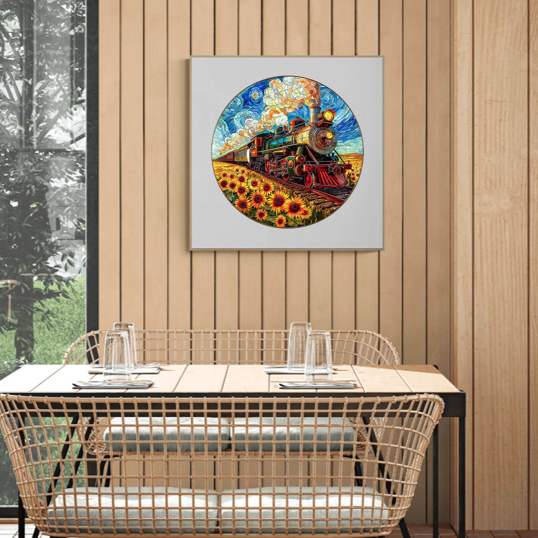 Sunflower Star Train wooden jigsaw puzzle displayed in a cozy dining area with natural lighting.