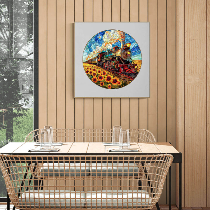 Sunflower Star Train wooden jigsaw puzzle displayed in a cozy dining area with natural lighting.