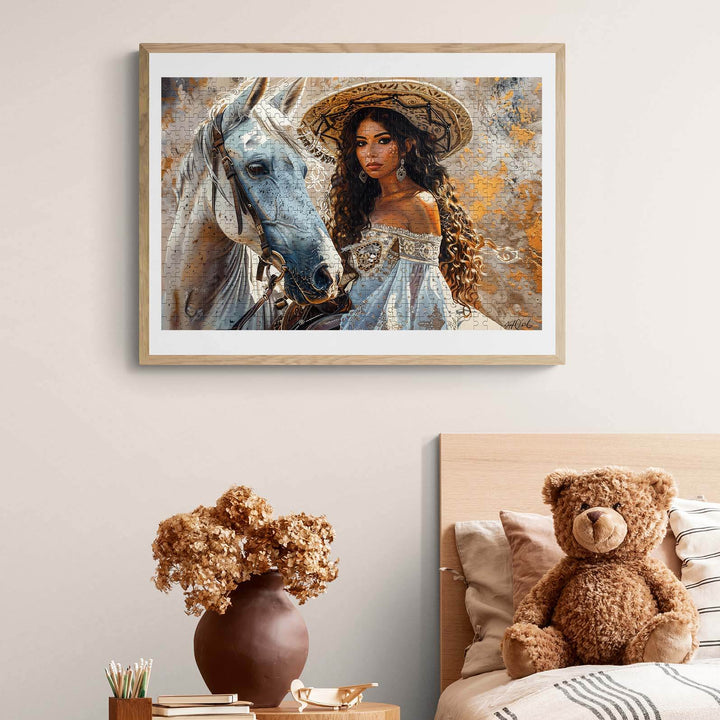 Beautiful princess with a white horse portrait in a cozy room, featuring warm decor and a teddy bear.