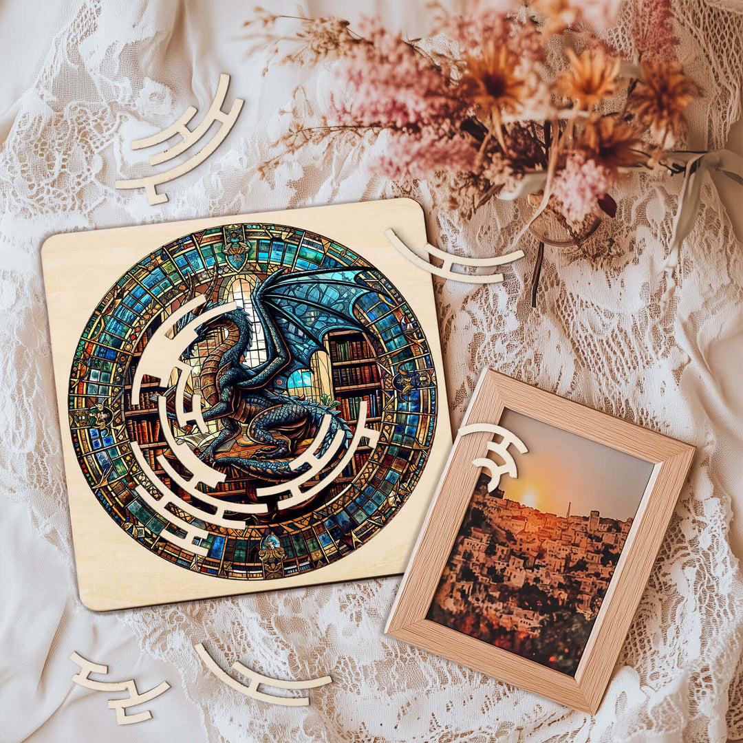 Maze Puzzles—Library Dragon featuring intricate design, wooden pieces, perfect for brain games and puzzle enthusiasts.